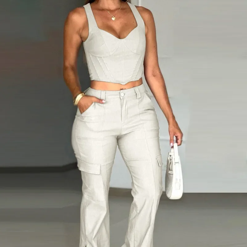 

Элегантный комплект из 2 предметов, женский жилет на пуговицах с v-образным вырезом, топ с высокой талией и карманами, широкие брюки, костюм 2025, лето-осень, новинка