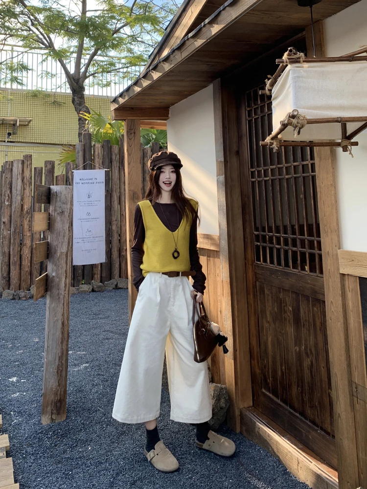 

Korean Sle High Waist Knitted Vest Base irt Wide Leg Pants Women's Set Casual Faion Spring New Arrival Tee Piece Suit
