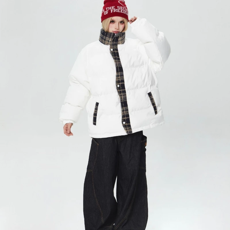 Plaid Patchwork Stand-Up Collar Cotton Jacket Women Winter Warm Vintage New Loose Thicken Puffer Coat Down-Filled Cotton Jacket
