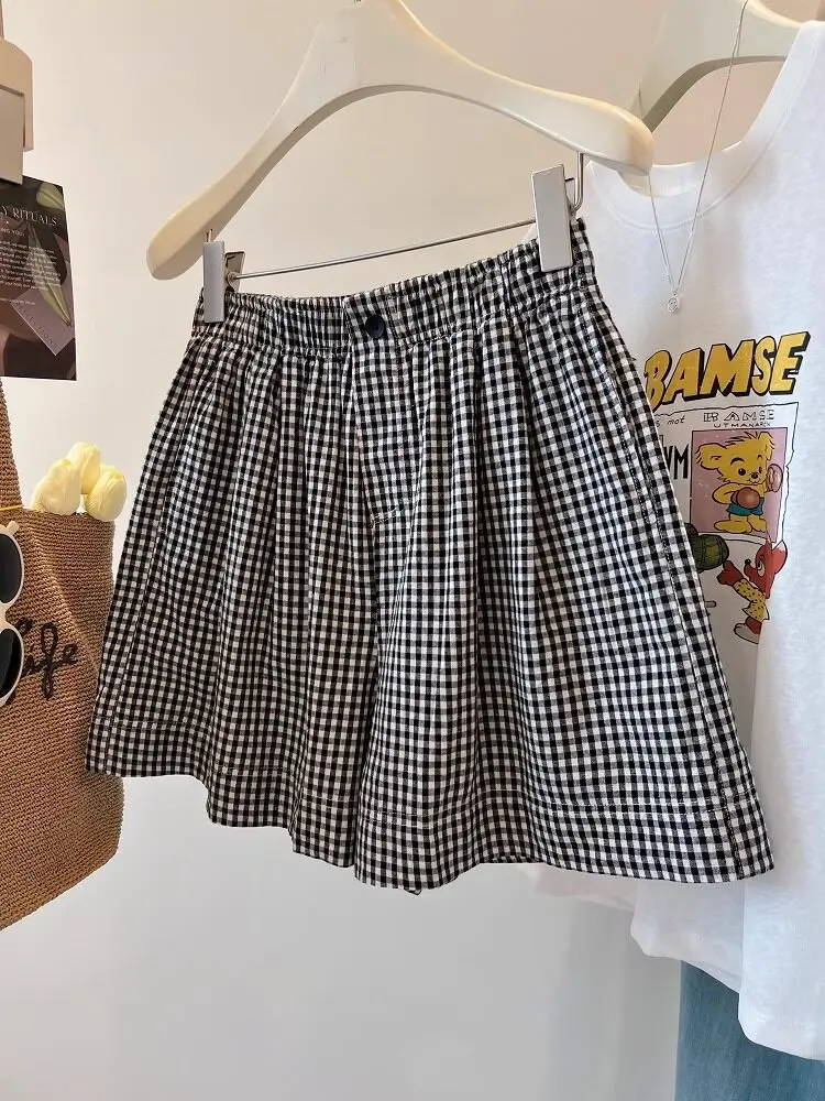 plus Size Women's Summer Checkered Wide Leg Shorts High Waist Loose Casual Sporty Hot Pants Comfortable Korean Style Commute