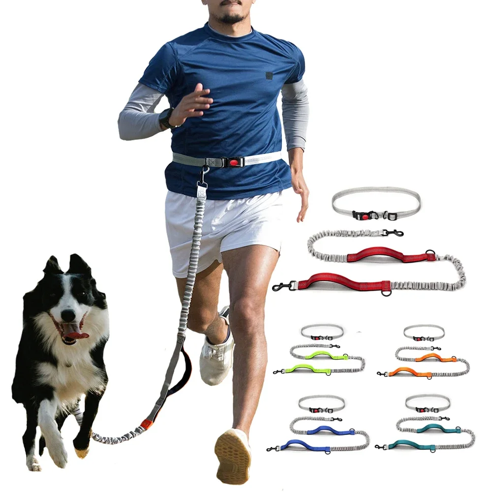 Running Leash High Bungee Big Dog Leash Hands Free Two Handle Control Dual Padded with Waist Rope Reflective Dog Leashes