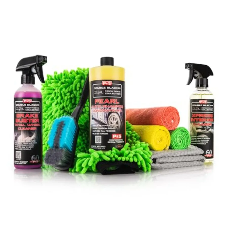 

Complete Car Cleaning Kit for exterior and interior use: pH-neutral soap, wheel cleaner, interior cleaner, wash mitt, foam pad,