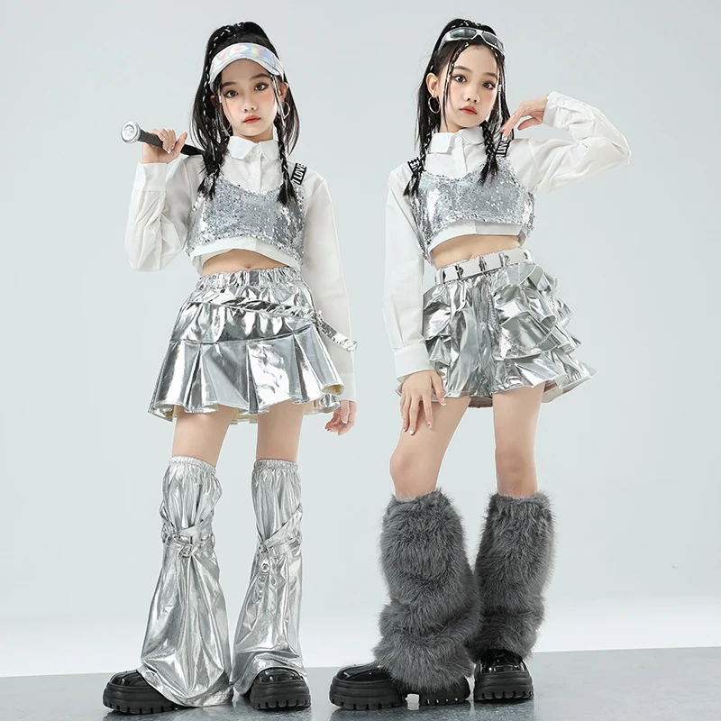 

Jazz Dance Clothing Girls Sequin Vest Silver Short Skirt White Shirt Kpop Stage Outfit Children Hip Hop Fashion Clothes AMY1364
