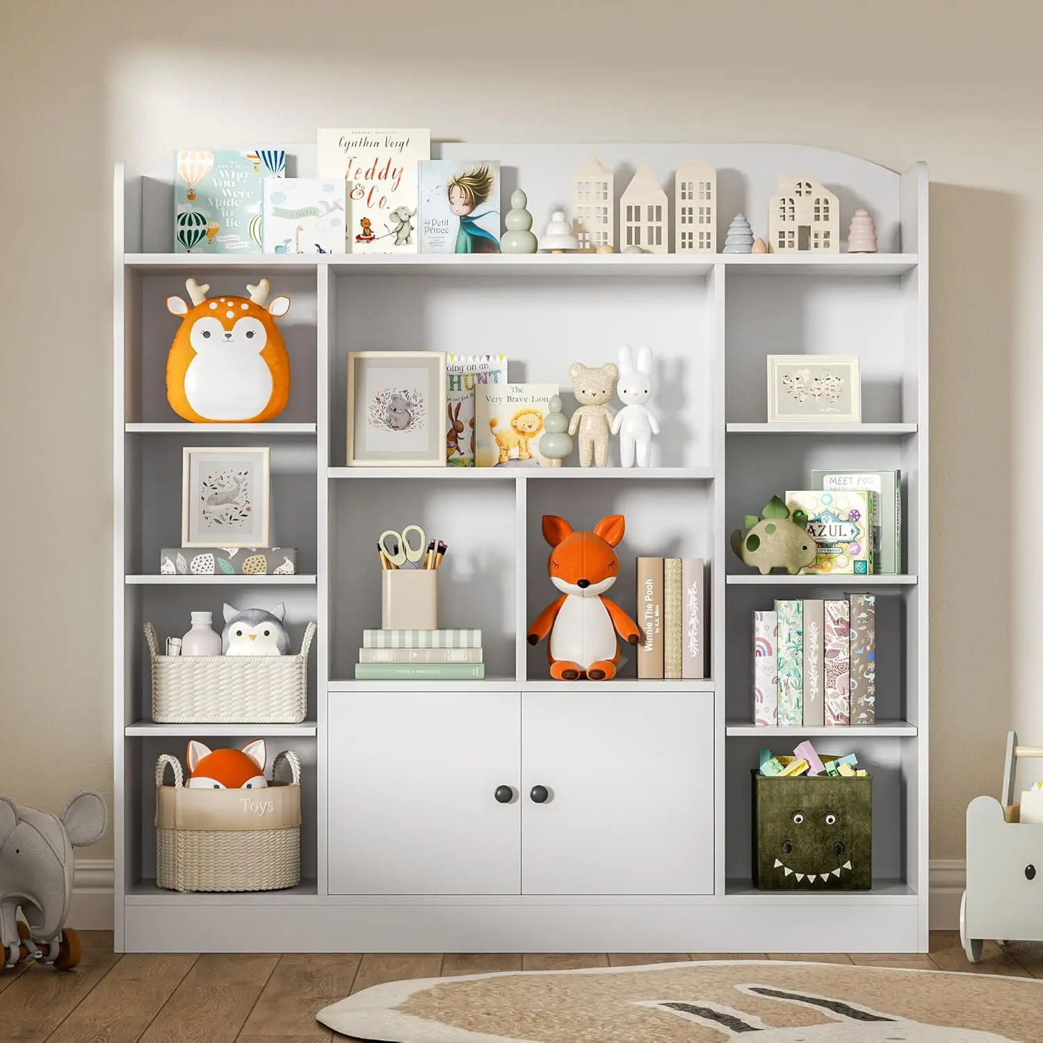 Bookshelf, Kids Bookcase with 11 Cubbies and 2 Cabinets, Freestanding Book Storage Shelves for Bedroom, Playroom, Hal