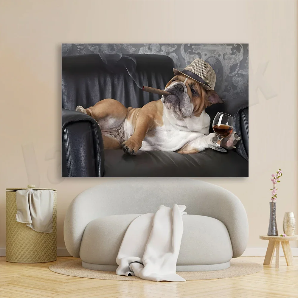 Bulldog Smoking Cigar Art Painting, Bulldog Lying Sofa Animal Canvas Poster Print, Wine Art, Home Decor Wall Art, Unframed