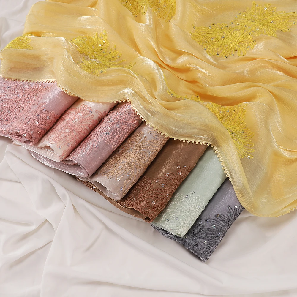 Blumenbestickter Hijab mit Funkelnden Pailletten, Glänzender Schal, Atmungsaktiver Islamischer Damenschal, Party-Gebetstuch, Kopftuch – Detail 8