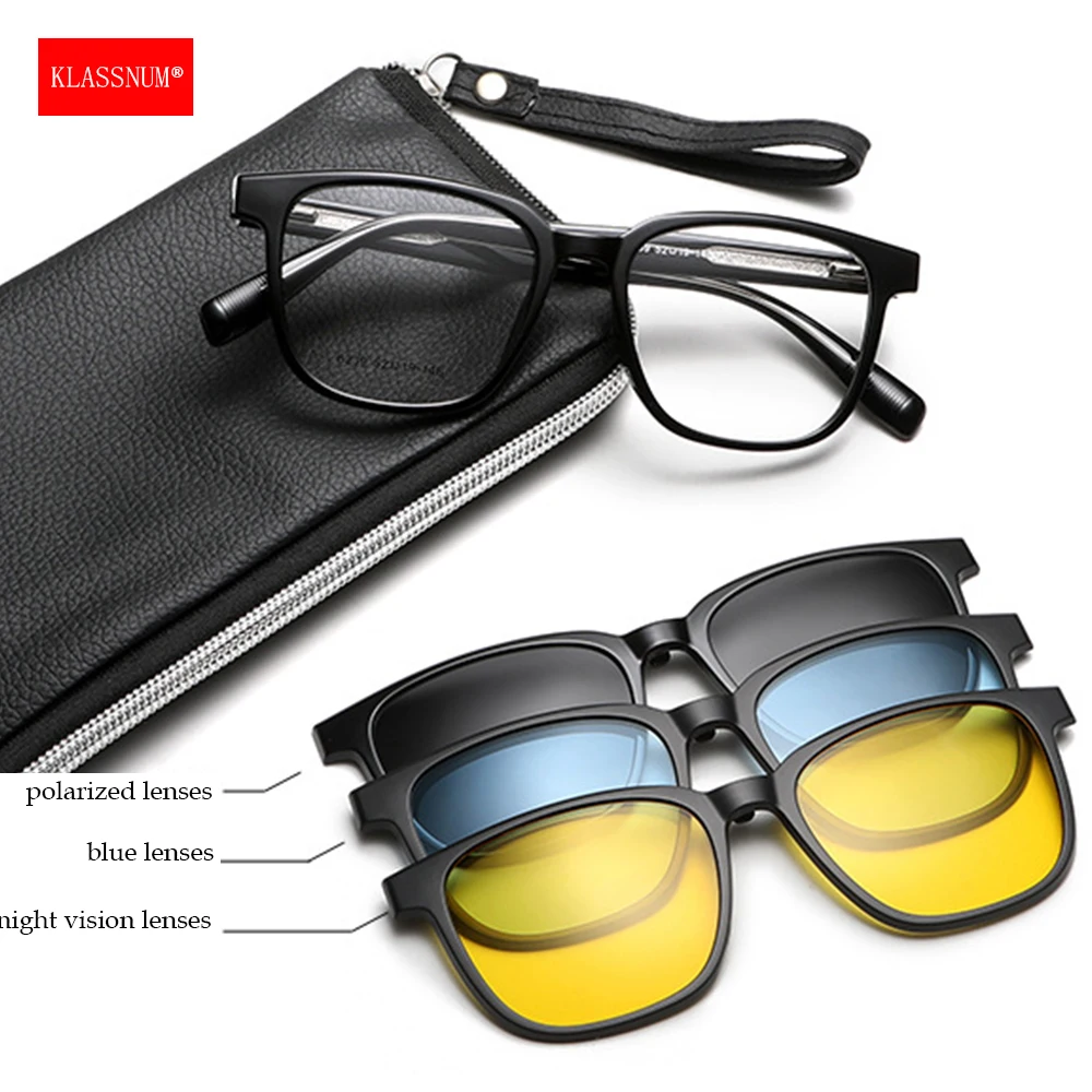 KLASSNUM Classic Square Frame Polarized Sun Glasses 3 Lenes Magnet Clip Sunglasses Set Men Women Luxury Transparent Glasses 2026