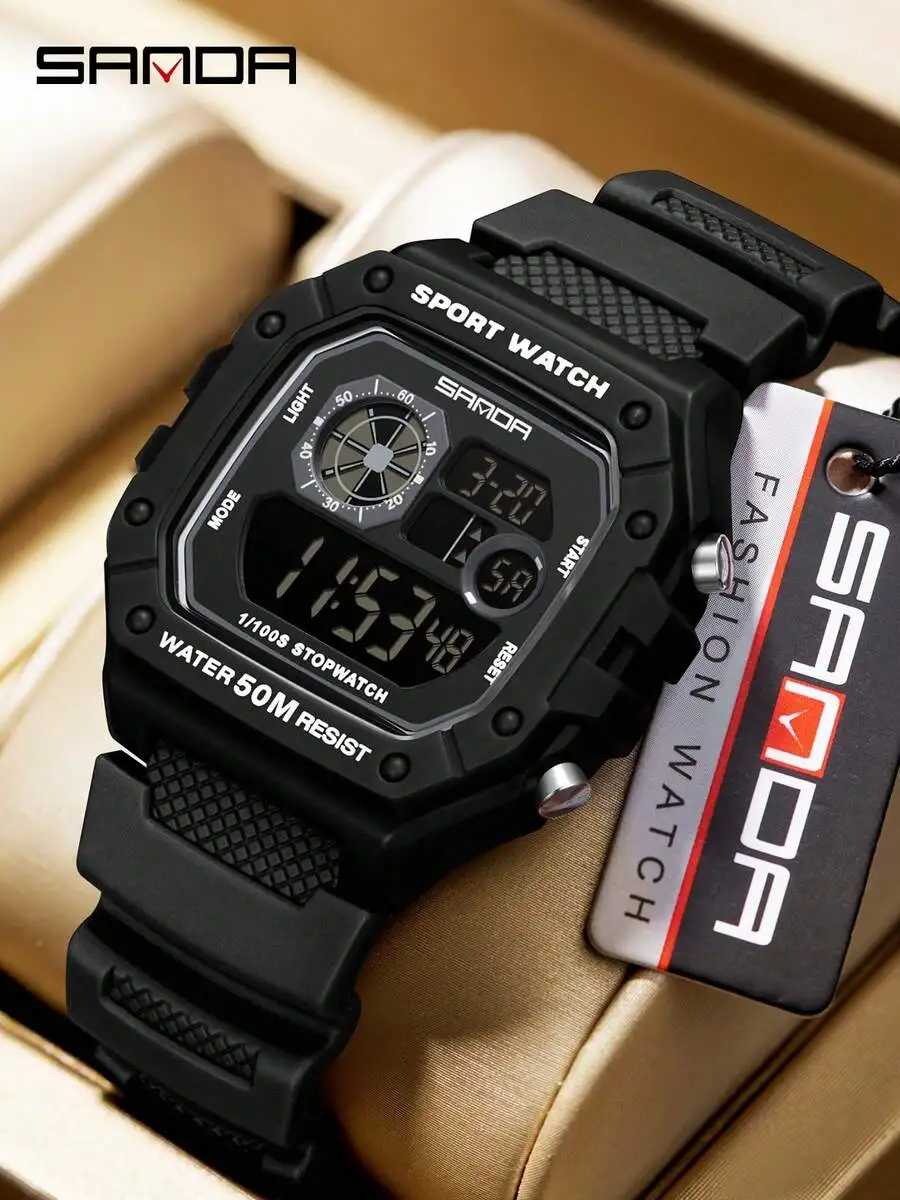 SANDA 2202 Fashion Men's Electronic Watch Sports Multifunctional Waterproof LED Luminous Single Display Small Square Electronic