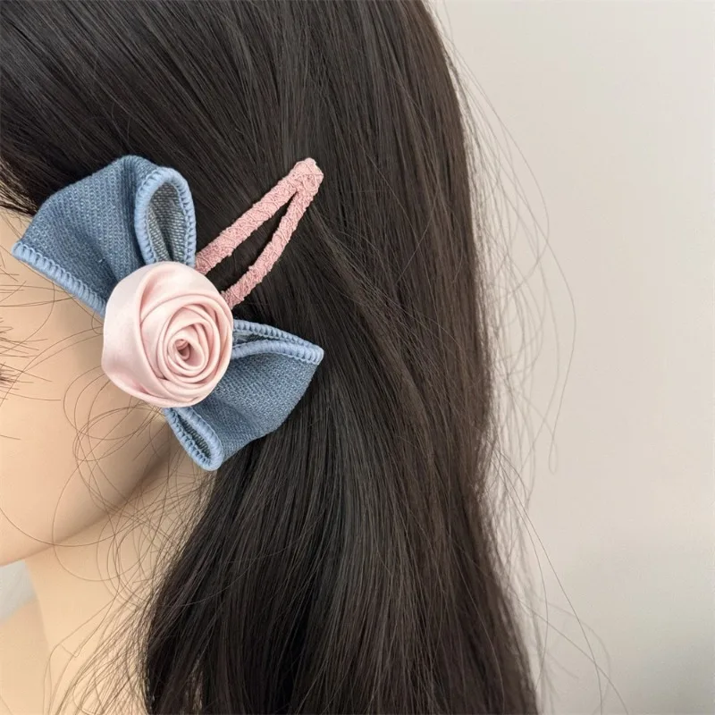 Denim Rose Barrettes Women\'s Blue Side Barrettes Eight-Character Bang Side Clip Elastic Hair Ring Hair Tie Hairpin Headwear