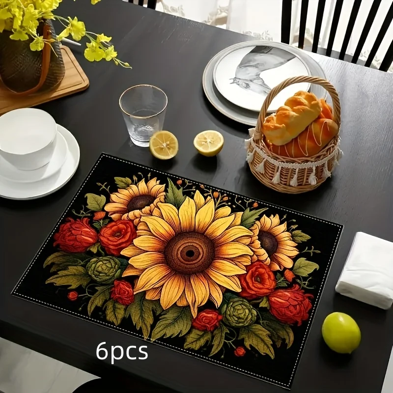Sunflower Placemats Retro Autumn Linen Table Mats Non-Slip Wipe Clean for Farmhouse Thanksgiving Kitchen Dining Decor