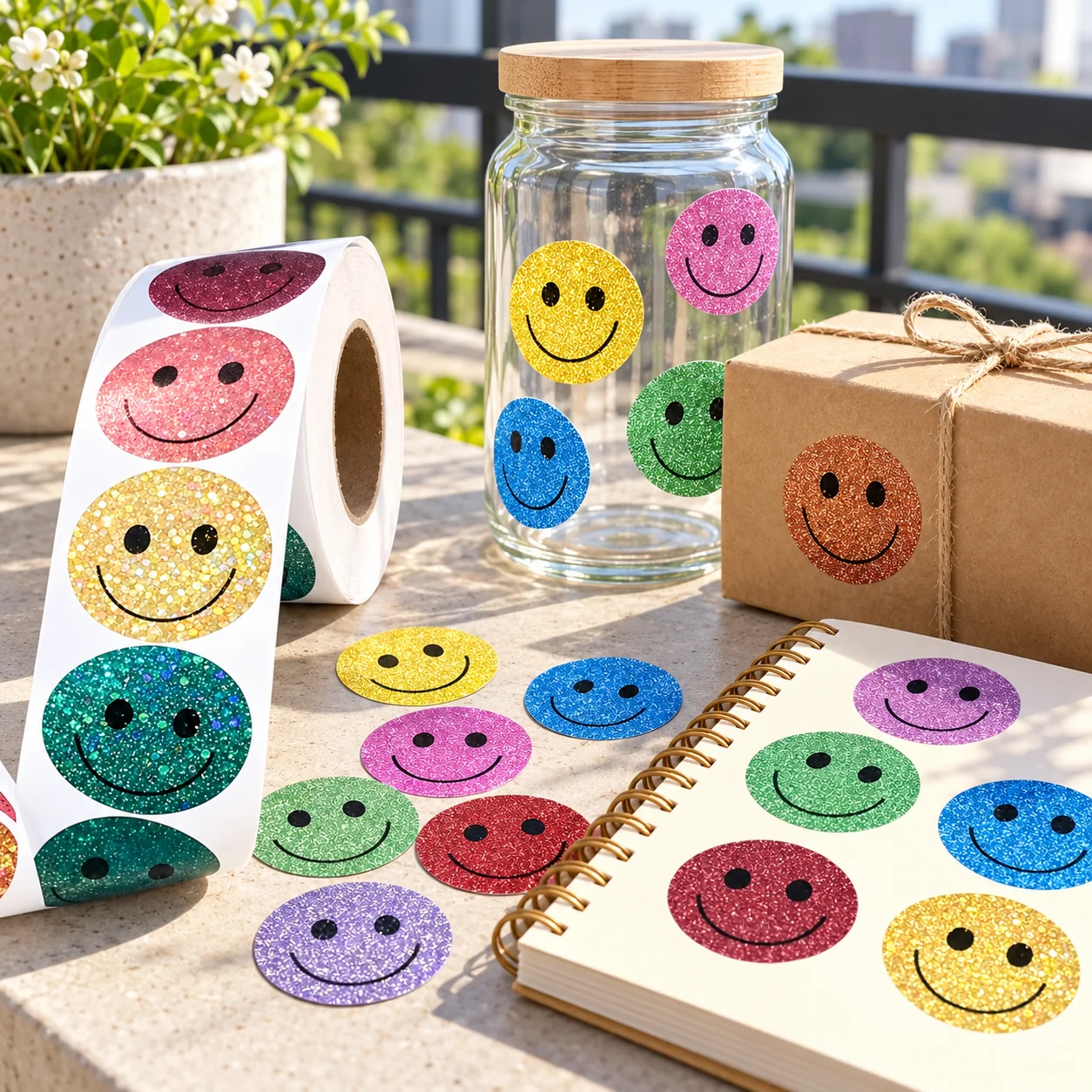Shiny Colorful Smiley Face Sticker Roll, Waterproof Self Adhesive Paper Labels for Classroom Rewards, Gift Wrapping gift