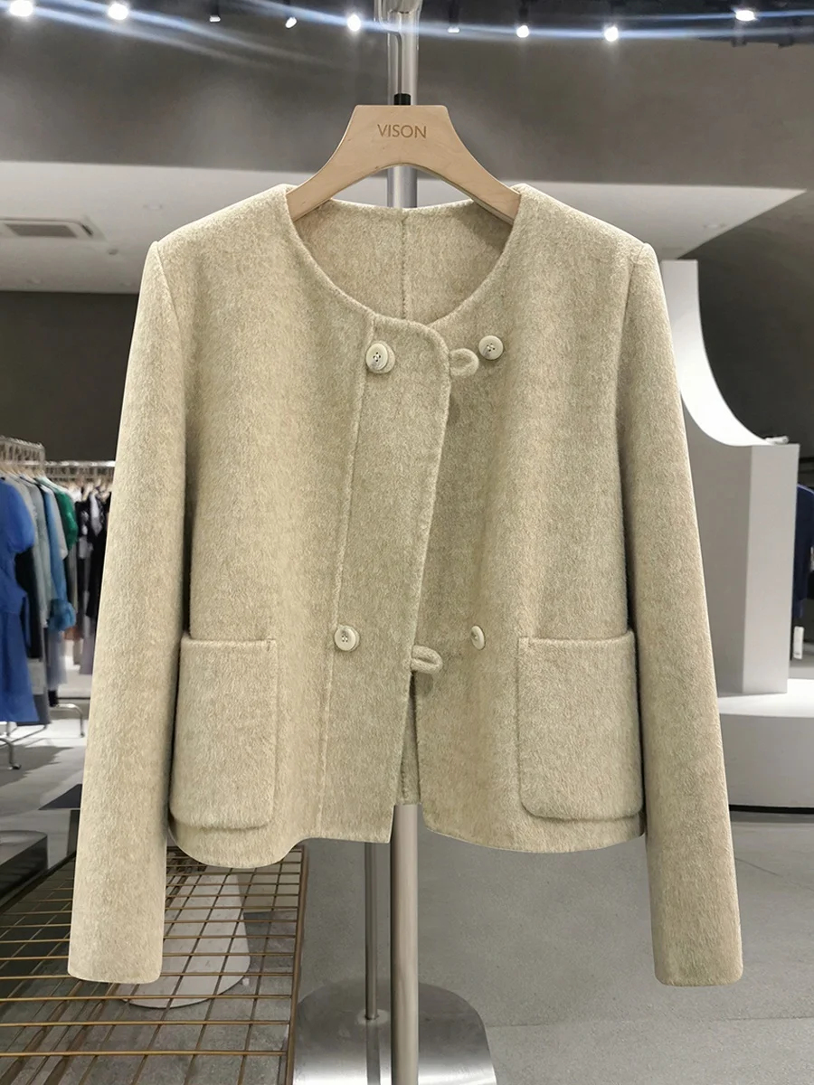 Abrigo de Lana de Cachemira de Doble Cara para Mujer, Corte Holgado, Color Crema Albaricoque, Elegante, Otoño Invierno, Prenda de Punto con Botones