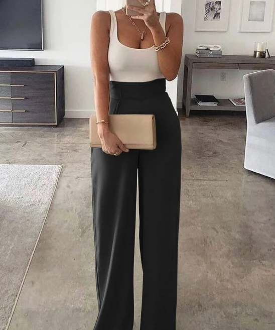 Jumpsuit Women 2024 Summer Fashion Color Blocked Printed U-Neck Sleeveless High Waisted Casual Daily Wide Leg Jumpsuit