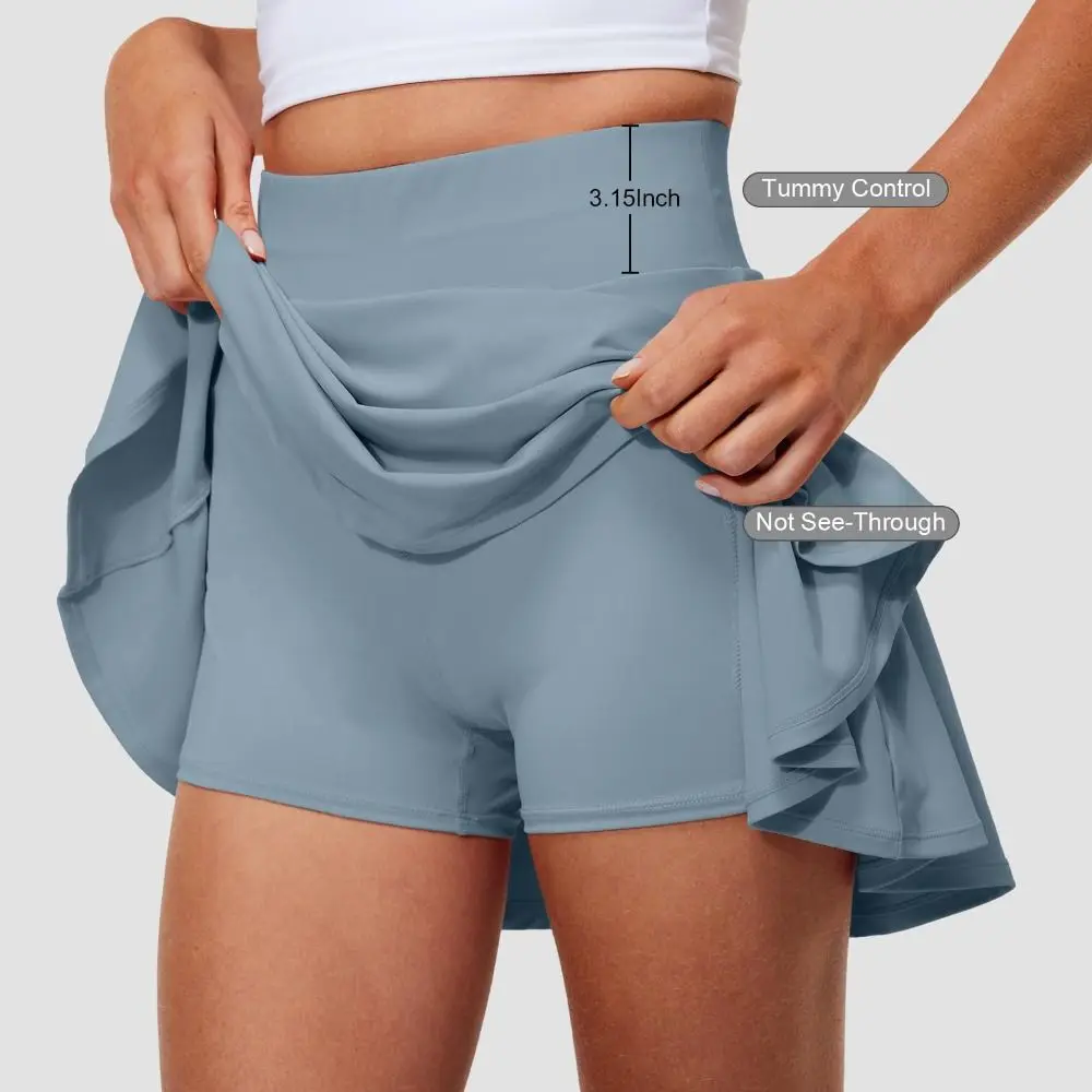 Pleated Tennis Skirts with Shorts Pockets Built-in Shorts High Waisted Skirts Tummy Control Crossover Style Running Skirts view 4
