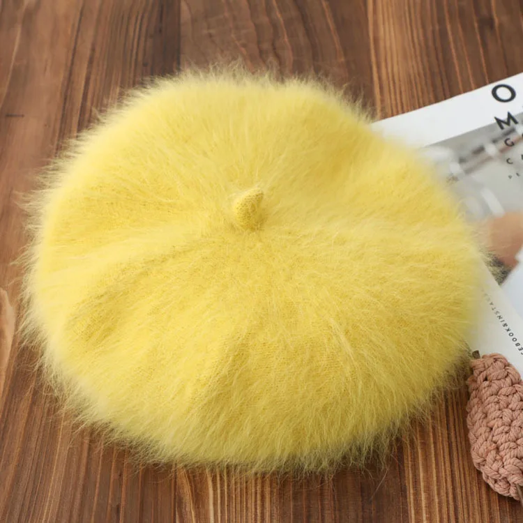 Genuine Mink Fur Beret Ladies Long Fluffy Fur Texture Solid Tone Elegant Vintage Autumn Winter Headwear