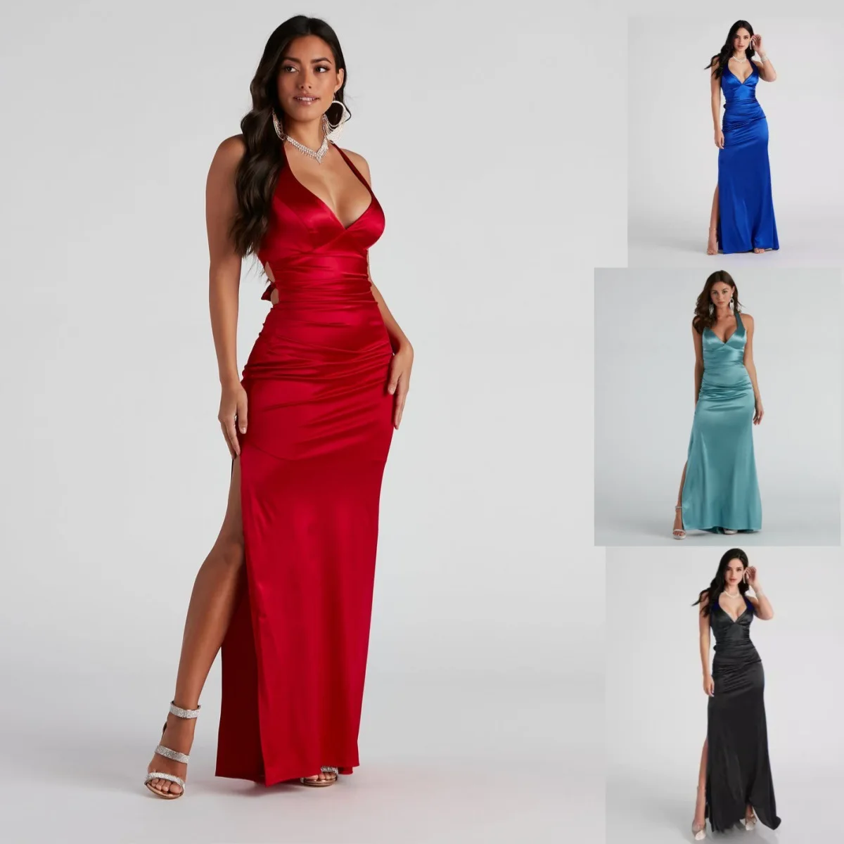 

Black Wrap Dress Dress Banquet Elegant Satin High Waist Suspender Dress (4 Colors)