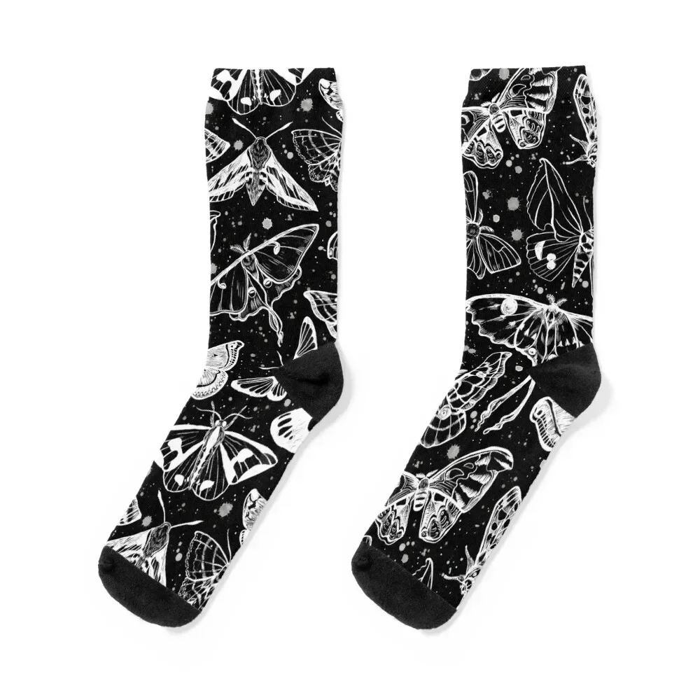 

Moth Magic on Black Socks floral moving stockings colored Socks For Girls Men's