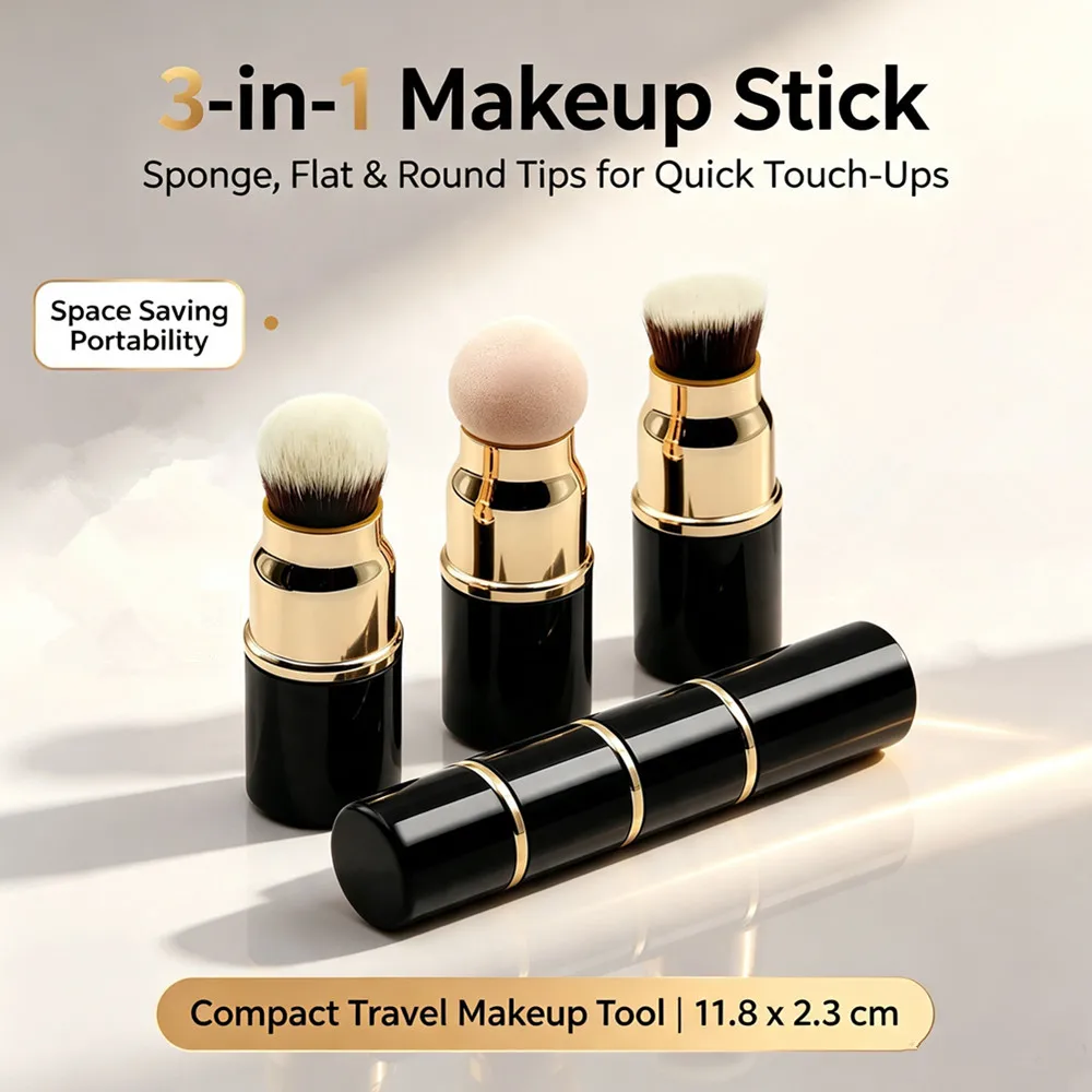 3-in-1 Mini Makeup Brush Set Detachable Portable with Dust Cover for Foundation Powder Blush and Sponge Head Make Up Tools