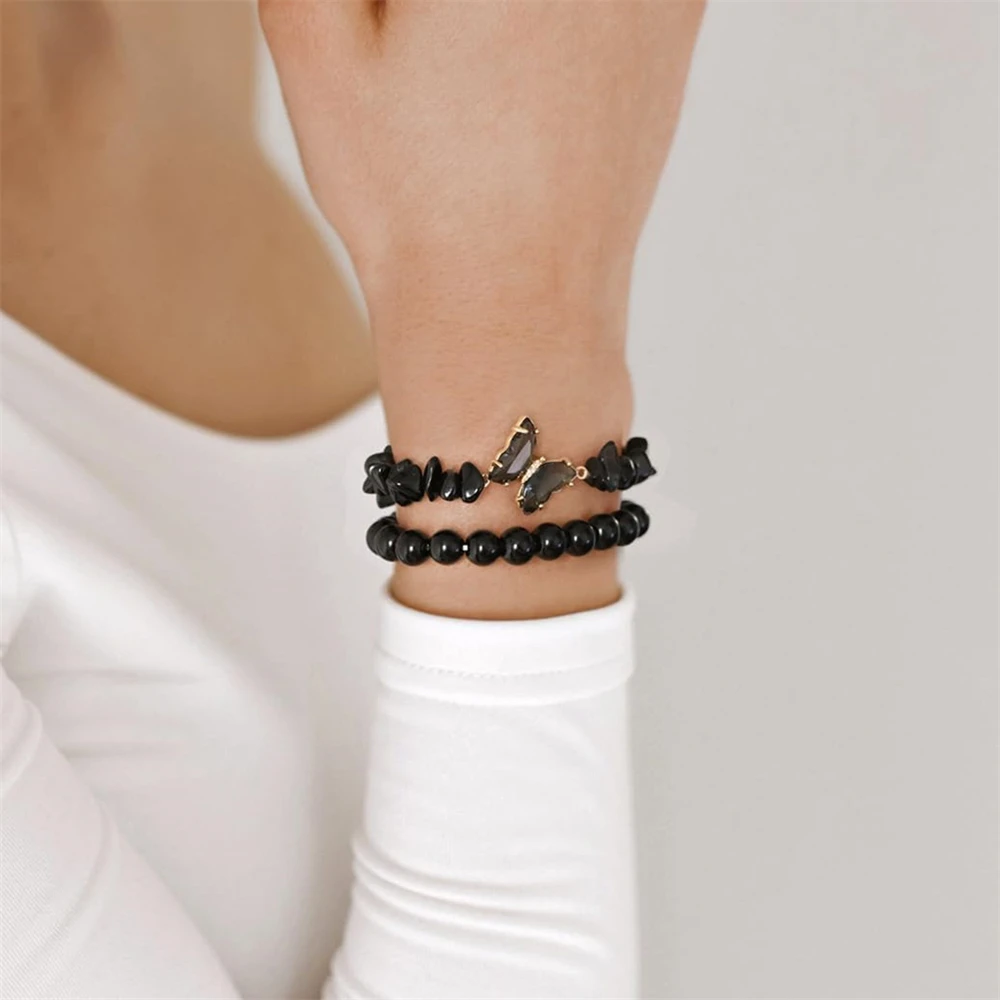 Cute Black Purple Butterfly Bracelet for Women Beads Stretch Beaded Healing Crystals Bracelets Gift Charm Jewelry Gift
