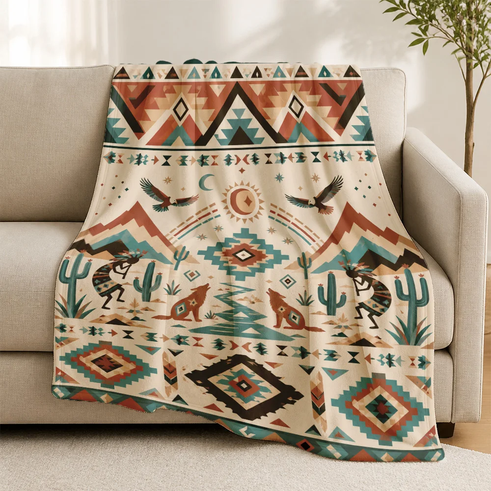 Southwestern Boho Cactus Throw Blanket Geometric Tribal Aztec Pattern Cozy Decor Couch Cover for Sofa