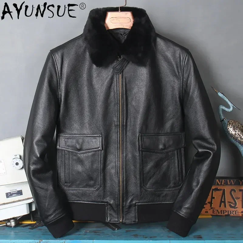 AYUNSUE Real Cowhide Jackets Men Leather Jacket Winter Genuine Thick Flight Suit Coat Jaqueta Masculina SGG