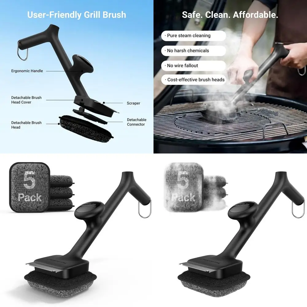 

17-Inch Safe Steam Grill Cleaner with Scraper & 5 Heads for Porcelain, Gas, and Charcoal Grills