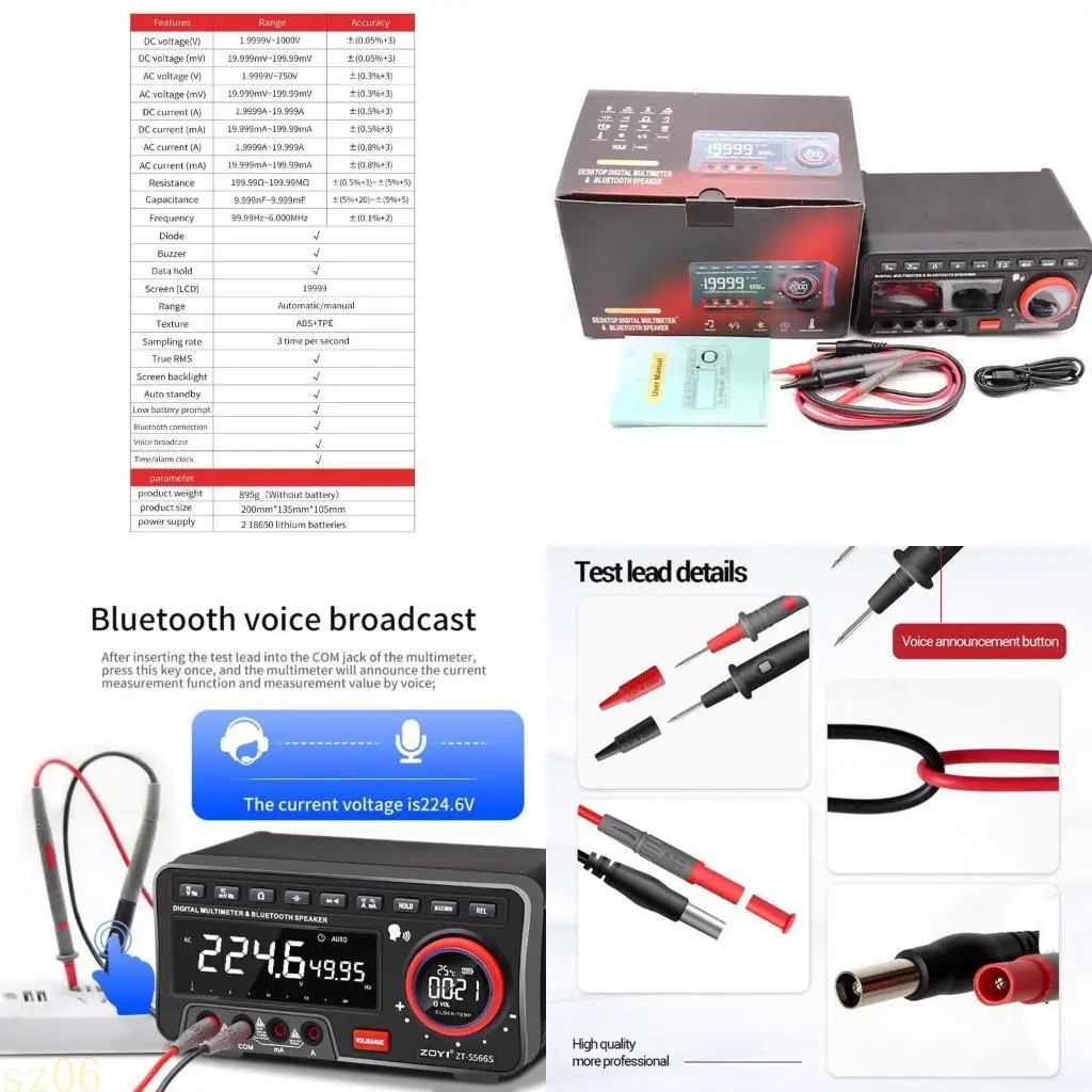 

Цифровой мультиметр Q2Q4 с Bluetooth-совместимым динамиком 19999 считает AC/для сопротивления емкости тока напряжения тока.