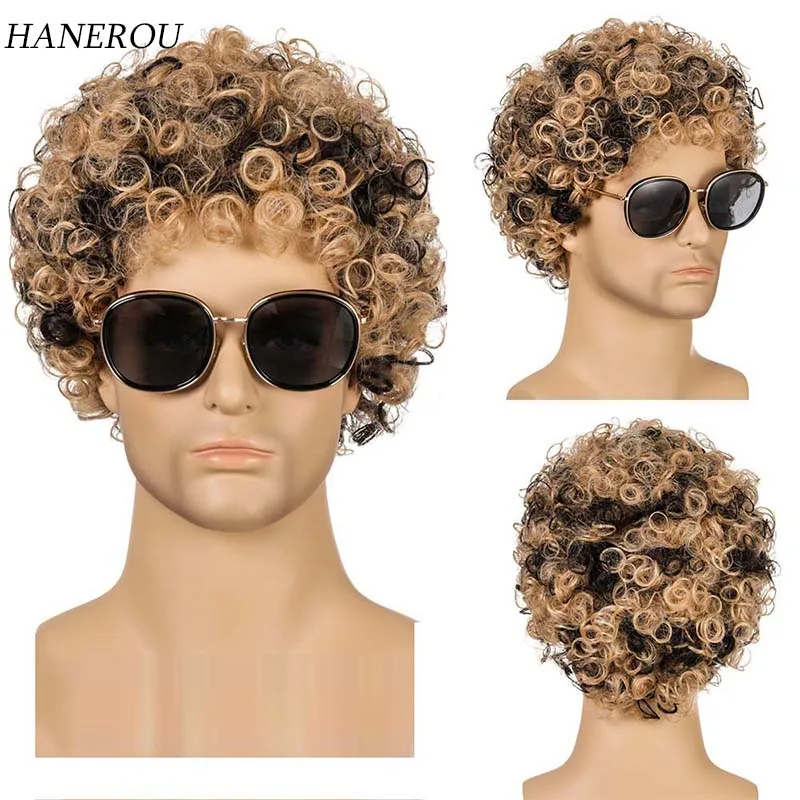 

Synthetic Short Curly Hair Wigs For Men Boy Costume Cosplay Party Brown Mixed Black Heat Resistant Fake Hair