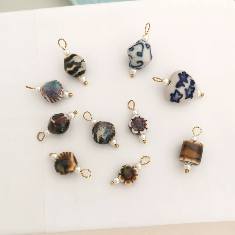 1pc Ceramics Pendant Charm Heart Star Flower Shell Handmade DIY Painting Ethnic Vintage Necklace Stainless Steel Wholesale