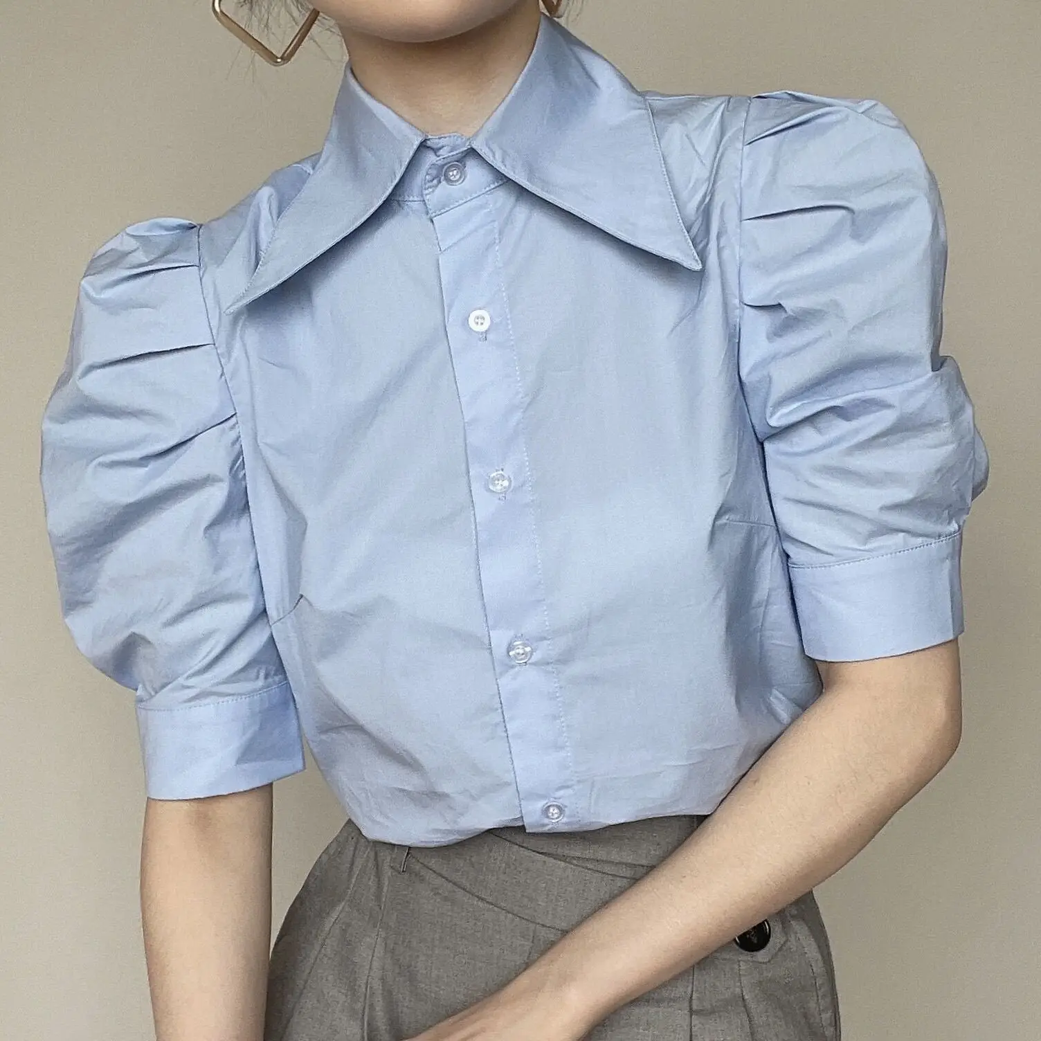 Shirt Lapel Button Puff Sleeves Anti-Wrinkle Fabric Daily Commuting Design Shirt 2024 New Summer Style