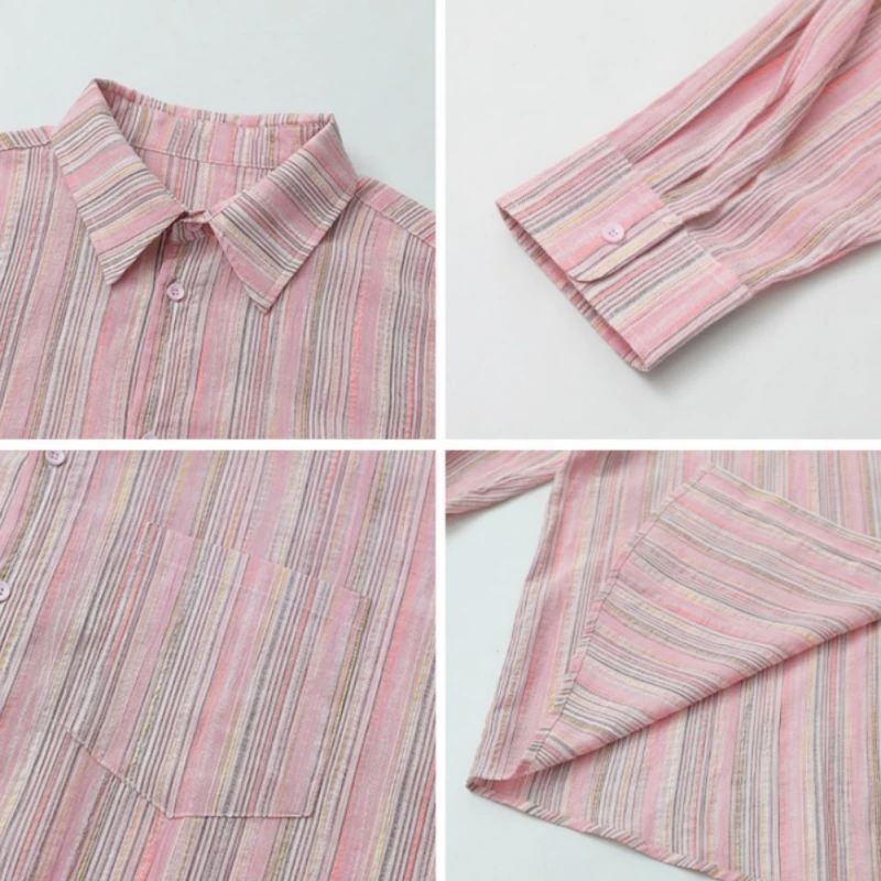 Camisa holgada de lino rosa a rayas para mujer, Tops de manga larga para vacaciones de verano y otoño