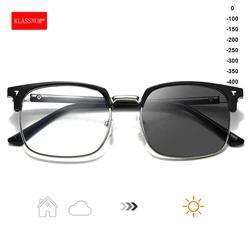 KLASSNUM Men Photochromic Glasses Half Frame Finished Myopia Glasses Transparent Color Change Glasses Minus 0 -1.5 -2.0 -4.0