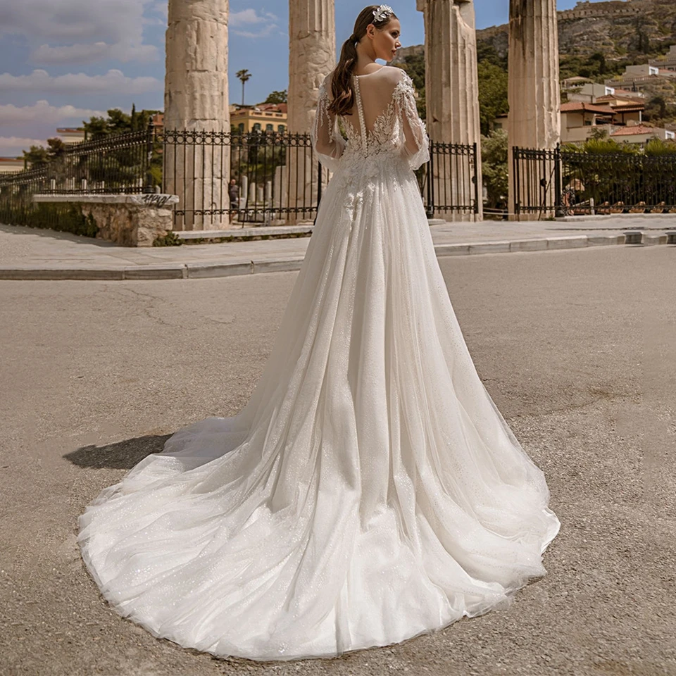 Boho 3D Flowers A-Line Long Puff Sleeves Beach Wedding Dresses 2026 Princess Pearls Beaded Appliques Bride Gown Vestido De Noiva