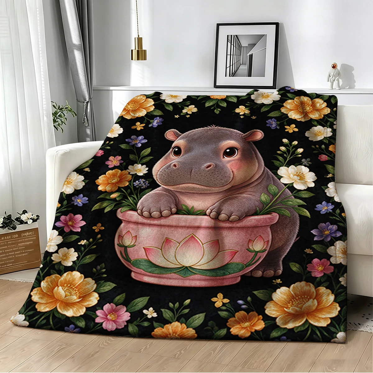 Hedgehog Sakura Yellow Pot Flannel Blanket Warm Soft Halloween Christmas Decorative Couch Warm Cozy All-Season Gift