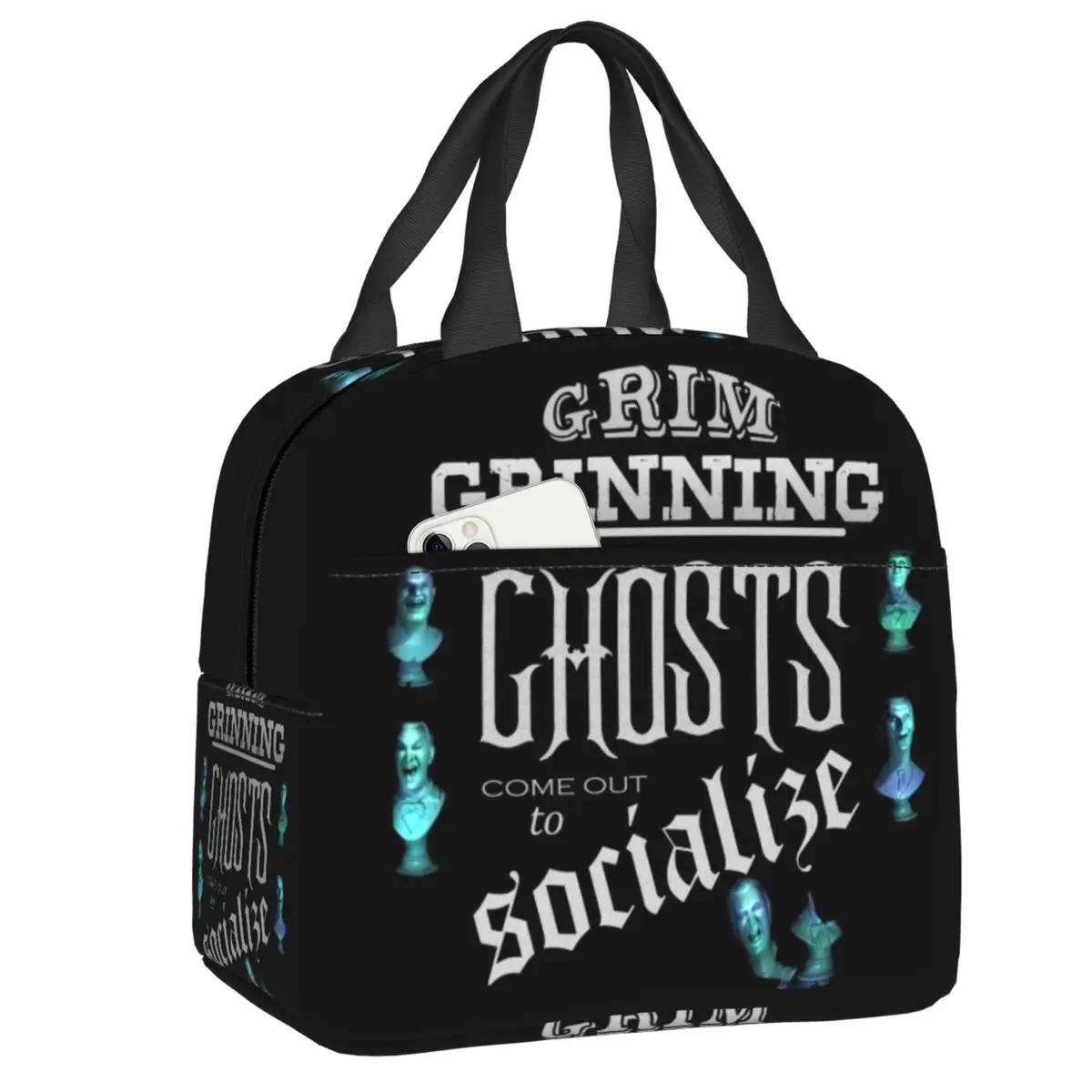 Halloween Grim Grinning Ghost Thermal Insulated Lunch Bag Haunted Mansion Resuable Lunch Container Box For Women Kids Food Bags