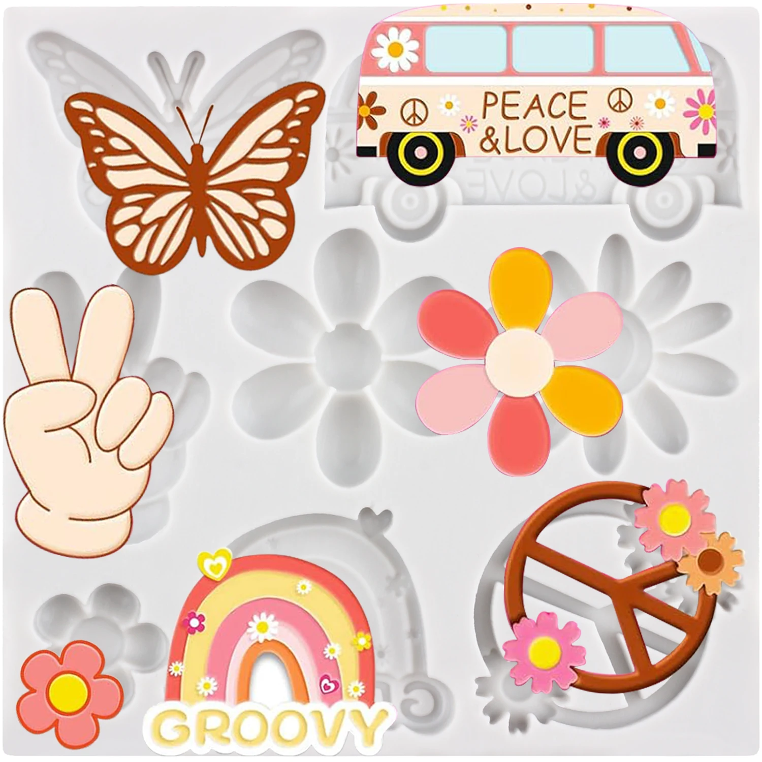 Groovy Boho Silicone Molds Peace And Love Fondant Cake Decorating Tools Cupcake Topper Chocolate Craft Gum Paste Polymer Clay