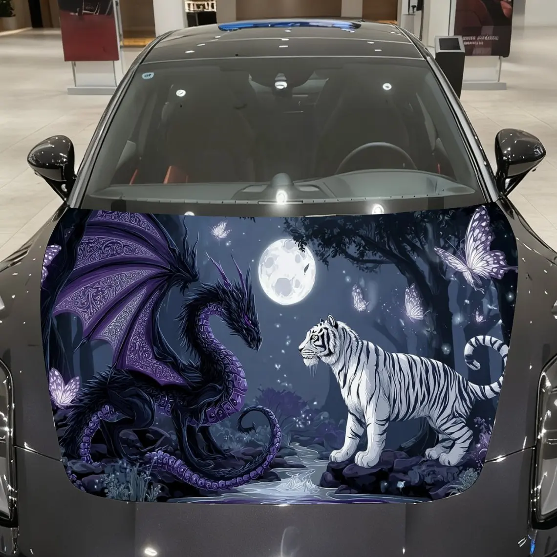 

White Tiger & Purple Dragon with Butterflies in Mystic Forest Car Vinyl Wrap, PVC Material Waterproof Car Hood Sticker, Self-Adh