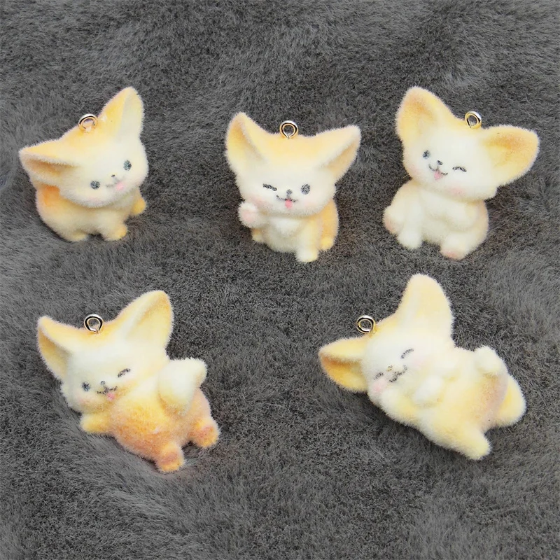 2024 Winter style 30pcs/lot color flocking animals cartoon fox shape resin dolls beads charms diy jewelry keychain accessory