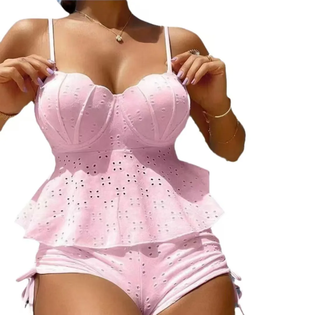 2026 New Women's Solid Color Two Piece Bikini Set, Cutout Design with Shell Push Up Cups, Sexy Swimwear