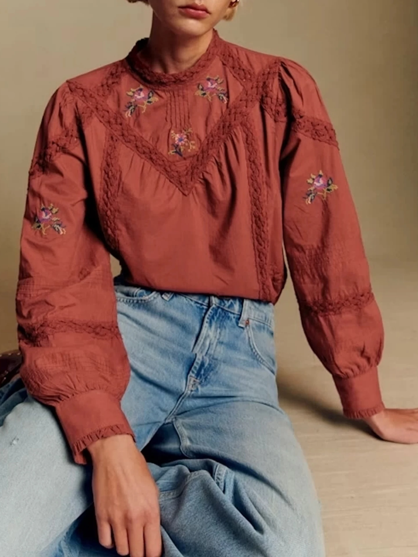 

Сец! Женская хлопковая рубашка Handpied Bri с красной цветочной вышивкой, винтажный дизайн, длинный рукав, дышащая, прямого кроя