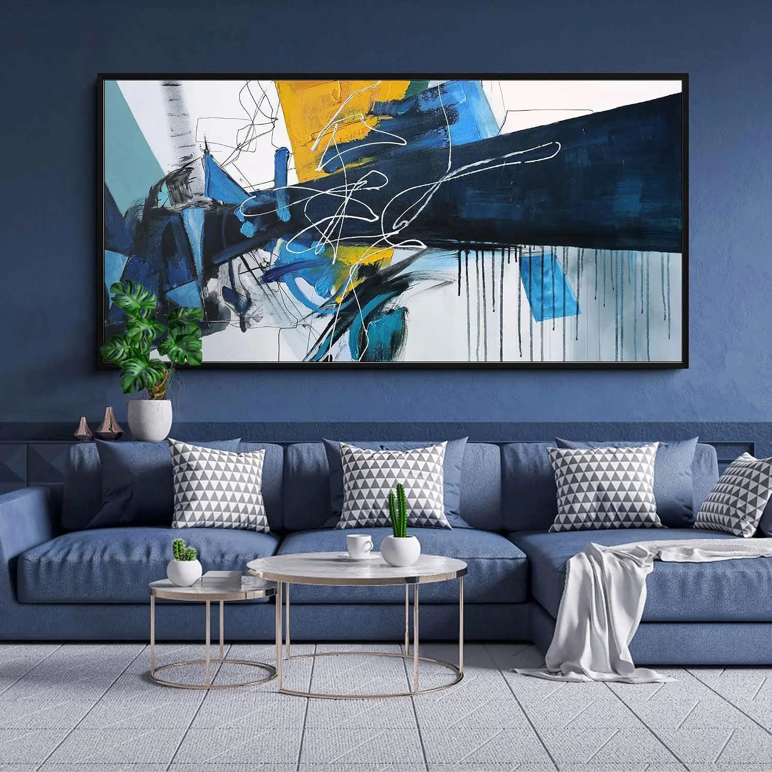 Extra Large Framed Blue Abstract Canvas Wall Prints, Hanging Wall Decor for Living Room Bedroom Above Bed Indoor Space