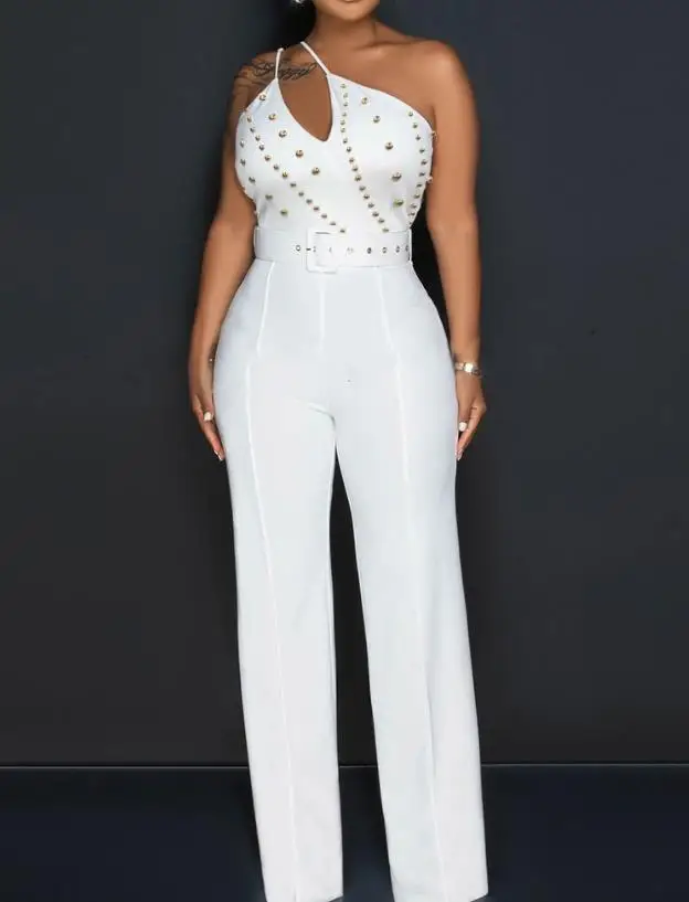 

Off Shoulder Hollowed Out Studded Jumpsuit, Popular In Autumn 2023, Fashionable Women's Clothing, Summer