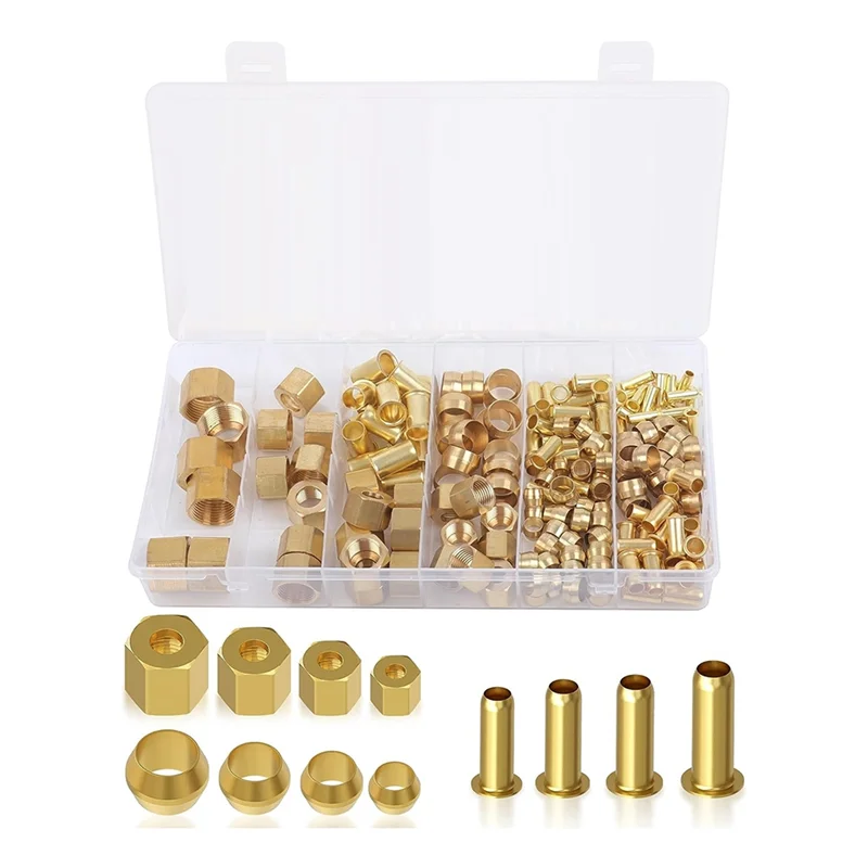 -FDDT 180PCS Compression Fittings Assortment Kit-(1/4In, 3/8In, 5/16In, 1/2In) Of Brass Compression Sleeve Ferrule,Insert&Nuts D