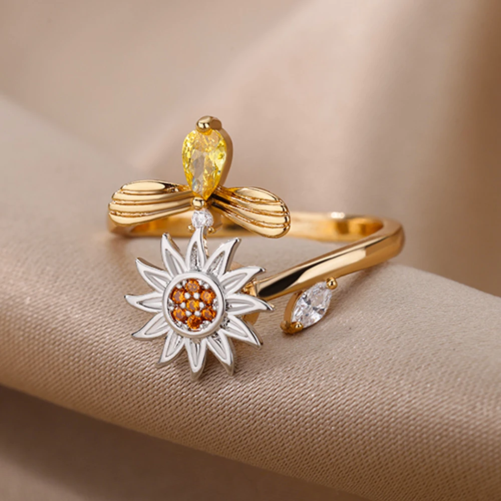 Anti-Stress Anxiety Rings for Women Gold Color Open Adjustable Rotating Ring Aesthetic Wedding Fashion Jewelry Gift view 2
