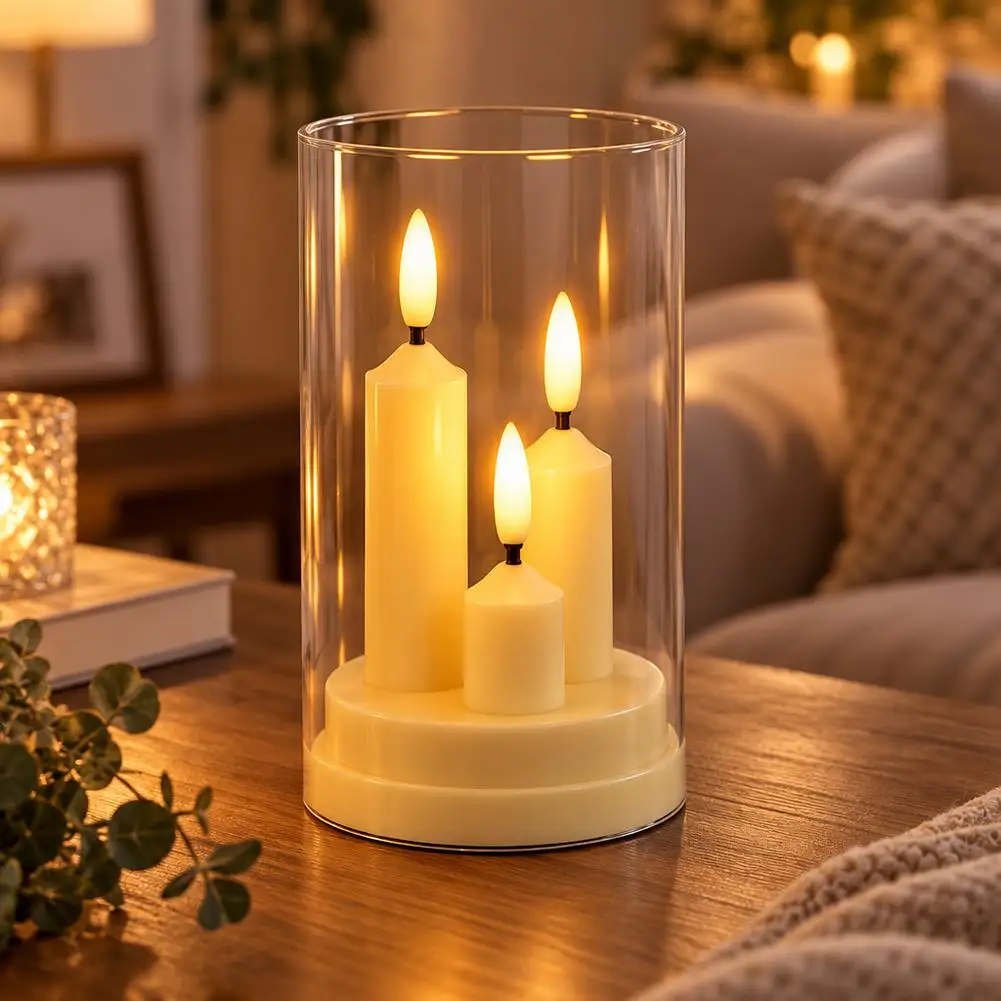 3 In 1 Electronic Flameless LED Candle Light Transparent Glass Cup Battery Operated Flickering Candle Lamp For Table Home Decor