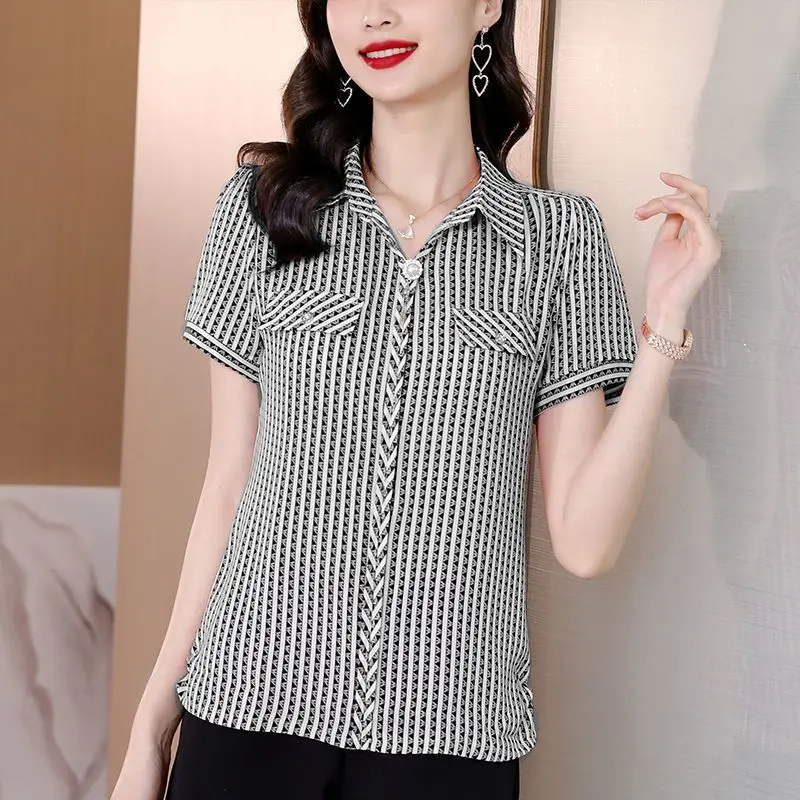 Vintage Summer New Striped Loose Plus Size Tops Tees Thin Short Sleeve Polo Neck Printing T Shirts Fashion Casual Women Clothing