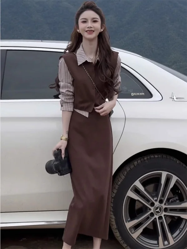 

Ele Casual Sportswear Set Women's High Waist Midi Skirt And irt Two-Piece Autumn Korean Sle Anti-Aging Faion Set