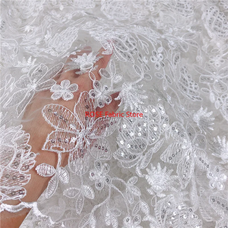 White Water Soluble Lace Embroidered Tulle Fabric for Wedding Evening Dresses European Style By The Yard