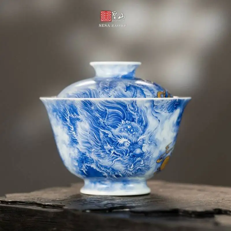 Sacred Mountain Jingdezhen Pastel Hand-Painted Sapphire Blue Dragon Pattern Handmade Ceramic Set Tea Brewing Gaiwan