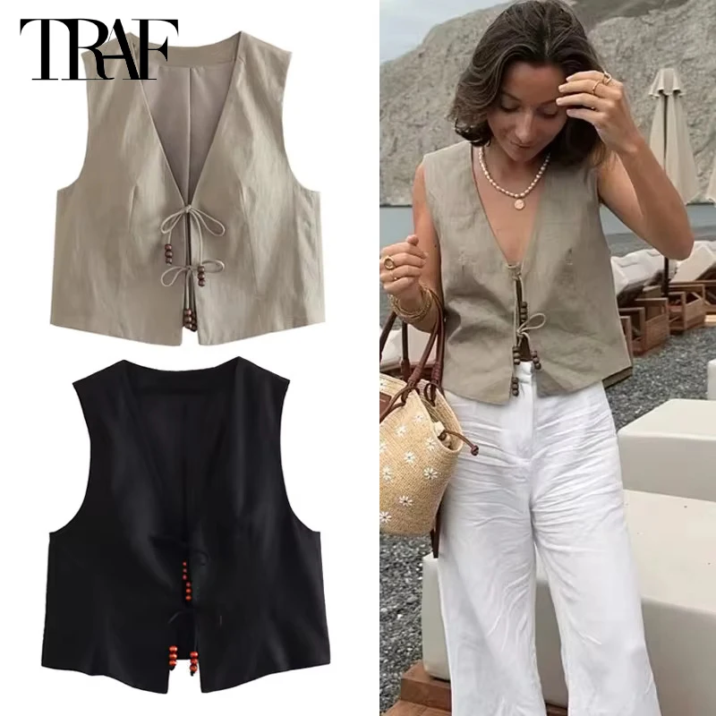 TRAF Beads Cropped Vests for Women 2024 Summer Sleeveless Vest Woman Holiday Waistcoat Vest Top Women Streetwear Women's Jackets